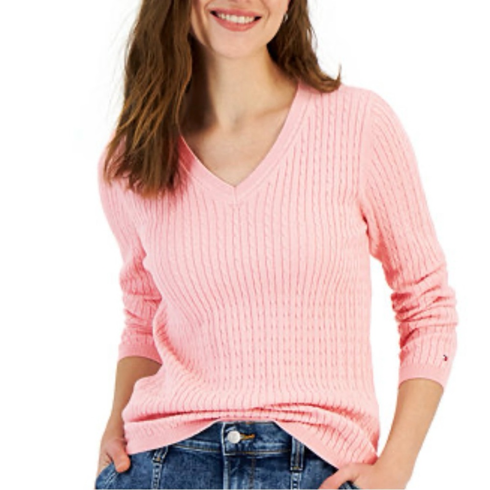 Tommy Hilfiger Women's Pink Cotton Cable-knit V-Neck Ivy Sweater Preppy Luxury